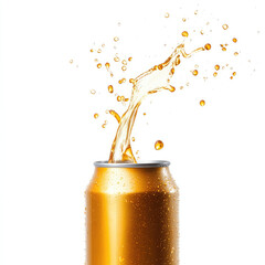 golden beer can is being opened, with foam and liquid splashing out, creating lively and refreshing scene. droplets add sense of excitement and enjoyment