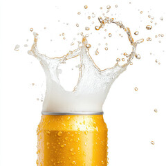 refreshing beer can is being opened, with foam spilling out and droplets of water splashing around, creating lively and exciting scene