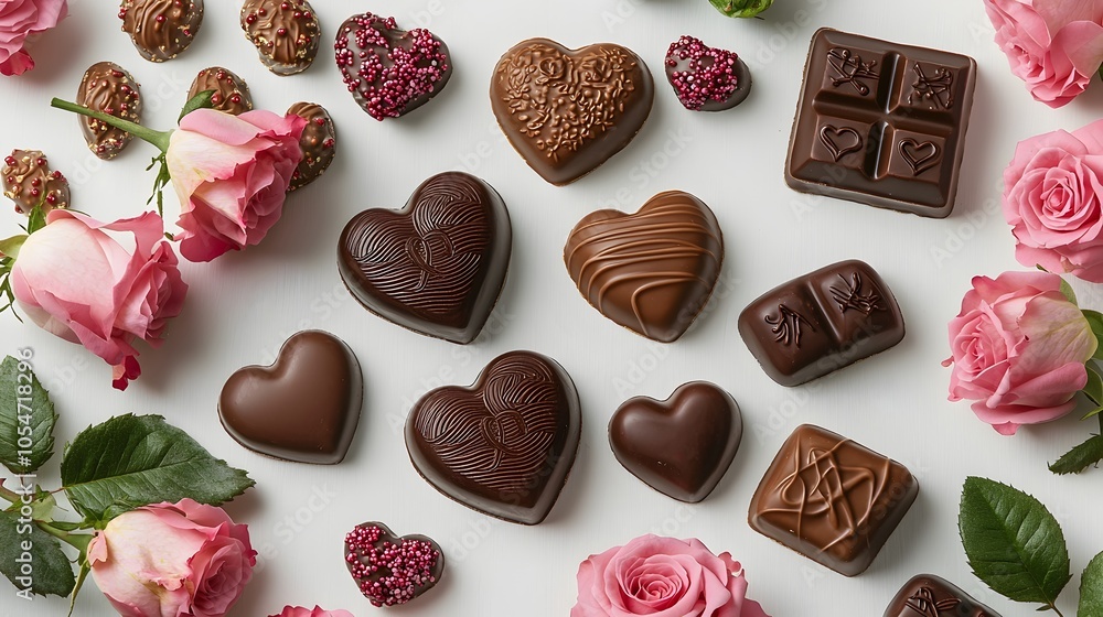 Poster artfully arranged heart shaped chocolates and vibrant red roses on a pristine white background creat
