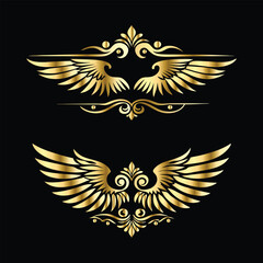 Obraz premium Royal Gold Wing Collection: Vintage Angel, Bird & Cupid Wing Icons in Decorative Black & Gold Frames, Perfect for Elegant Logos, Icon Sets, and Ornamental Designs 