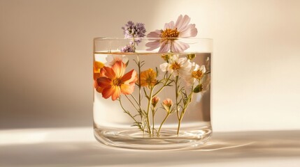 Delicate wildflowers in a crystal-clear glass container, radiating charm and warmth