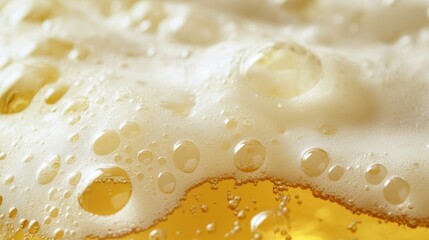 Detailed close-up of a frosty beer glass filled with golden ale, with creamy foam bubbling