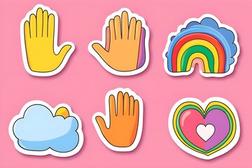 Obraz premium Happy Pride LGBTQ element set. LGBTQ community symbols with star, speech bubbles, flower, heart. Elements illustrated for pride month, bisexual, transgender, gender equality, sticker, rights concept.