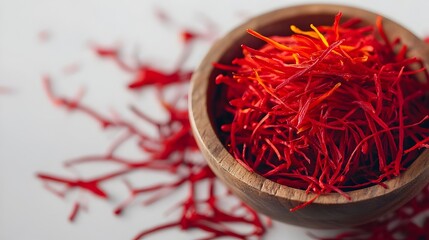 Fototapeta premium Vibrant saffron threads radiating with antioxidant properties displayed against a clean white backdrop highlighting the rich color and intricate texture of this premium aromatic spice