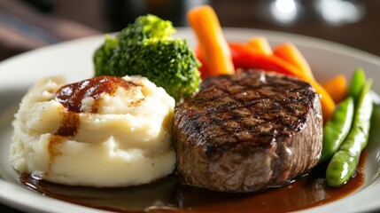 Detailed photo of a deliciously cooked steak with silky mashed potatoes and charred