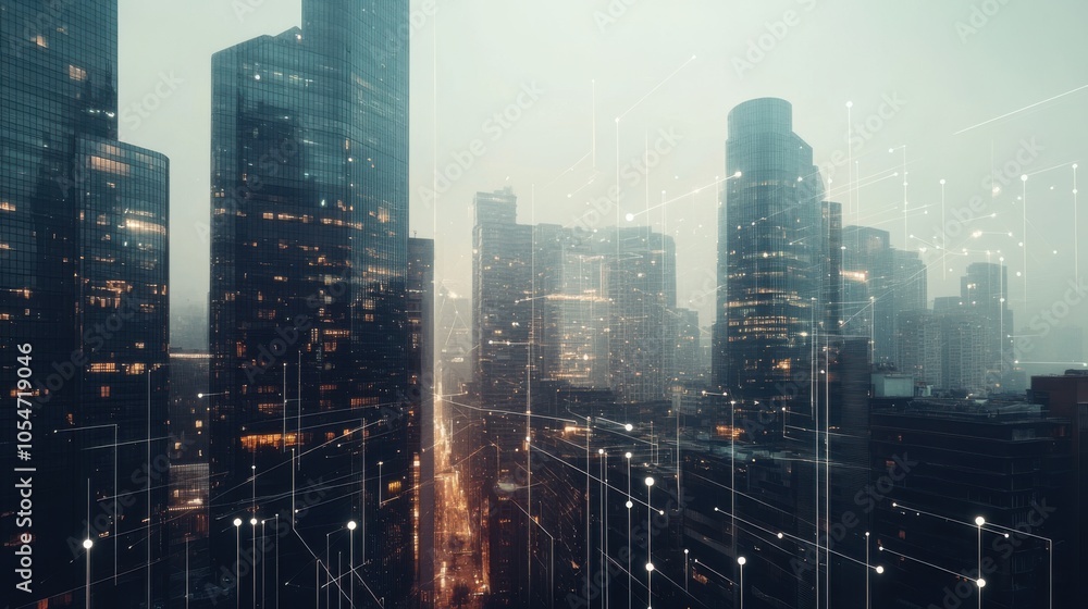Poster digital overlay of lines and dots on a city skyline, symbolizing ai's impact on modern architecture