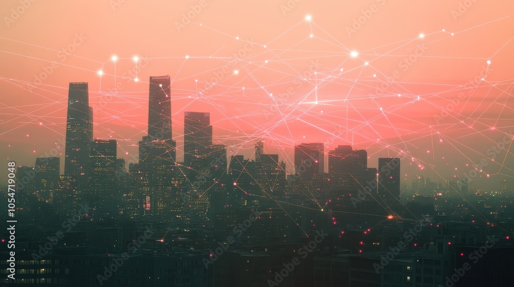 Poster digital overlay of lines and dots on a city skyline, symbolizing ai's impact on modern architecture