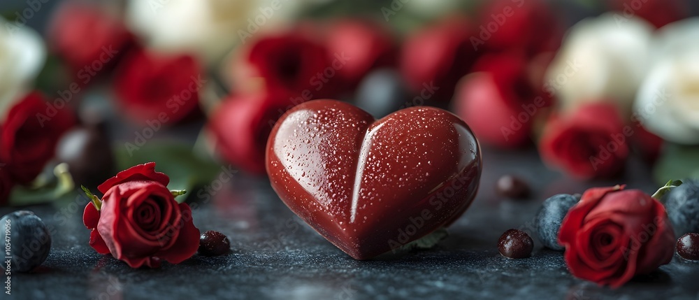 Poster romantic still life featuring a red heart shaped chocolate piece on a glossy surface with red and wh