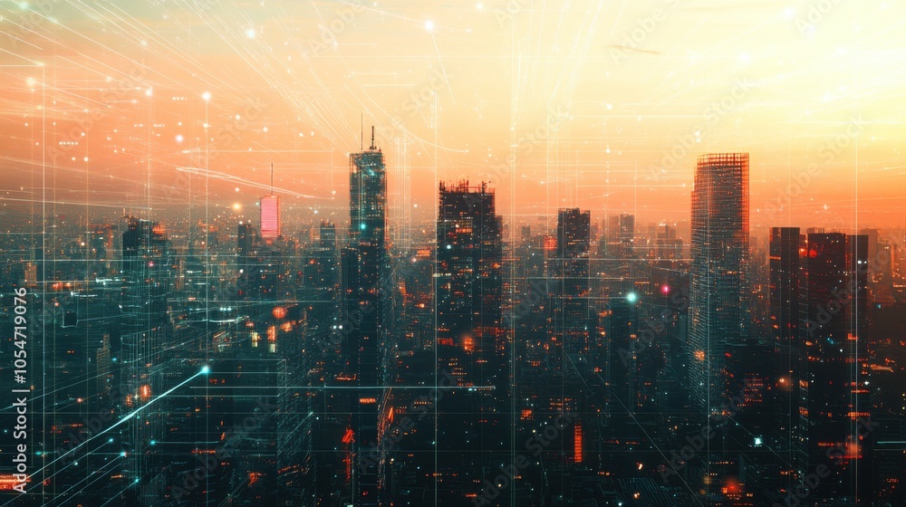 Poster digital overlay of lines and dots on a city skyline, symbolizing ai's impact on modern architecture