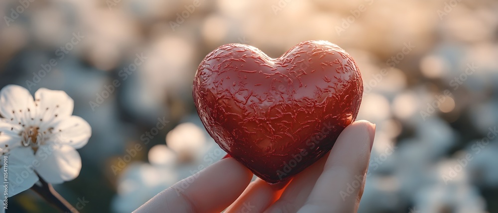 Poster soft focused background of a couple tenderly holding a single red heart shaped chocolate with blurre