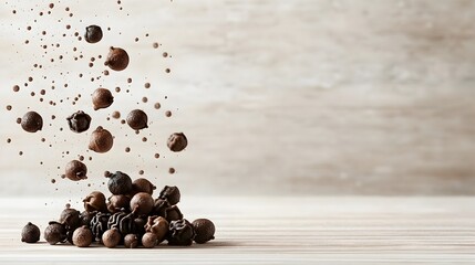 Close up shot of a group of freshly harvested black peppercorns with a vibrant piperine aura set against a soft beige colored background