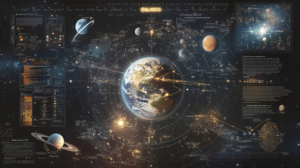 Advanced global connectivity: a digital representation of earth in space showcasing networked technology, planetary geography, and future-oriented innovation. Solar System Map. Illustration