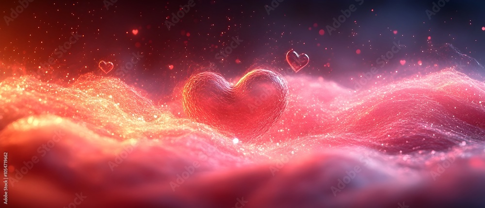 Poster Dreamy Abstract Valentine s Day Wallpaper Design with Flowing Red and Pink Waves Soft Hearts and Glowing Particles Creating a Mesmerizing Atmosphere