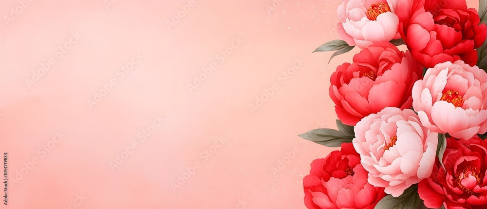 Poster elegant watercolor peonies in light pinks and reds against a soft misty background with a subtle shi