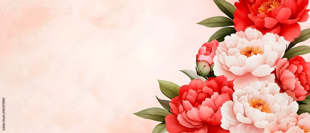 Poster Elegant watercolor painting of soft vibrant peonies in light pinks and reds against a dreamy misty background with a subtle shimmer effect creating a romantic and serene visual impression