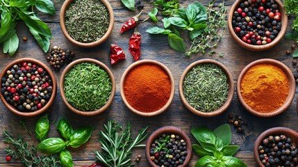 Flat lay of various herbs and spices spread out on a rustic wooden background, showcasing