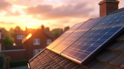 Solar panels on the roof of a residential urban area at sunset