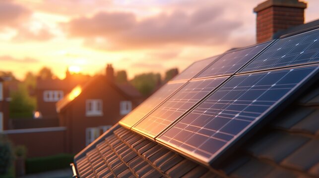 Solar panels on the roof of a residential urban area at sunset