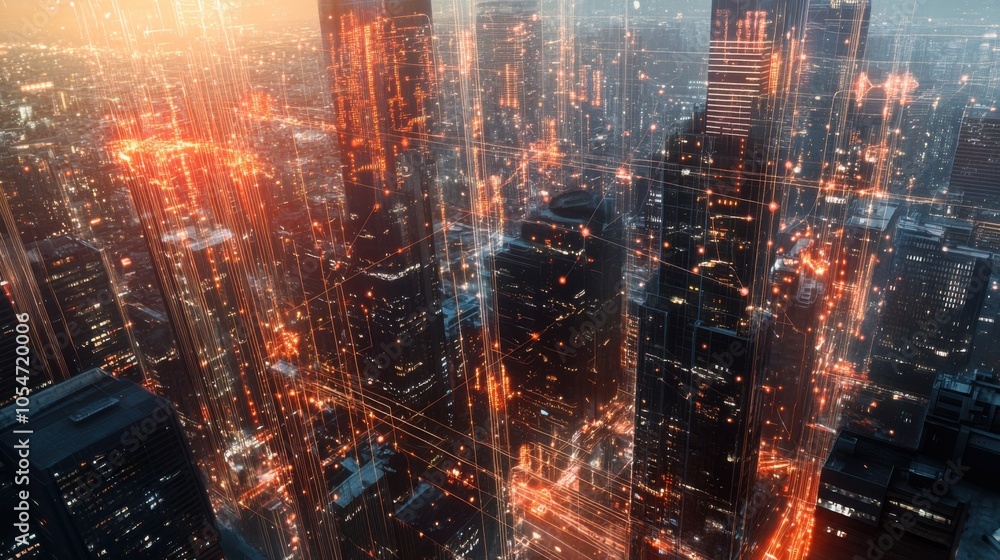 Poster futuristic urban view with a mesh of ai-generated lines and dots connecting buildings