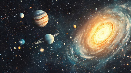 An abstract cosmic scene featuring stars, constellations, and dark space, representing the vastness and mystery of the universe. Solar System Map. Illustration