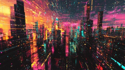 Generative AI lines and dots creating a matrix over a vibrant cityscape