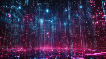 Generative AI lines and dots creating a matrix over a vibrant cityscape