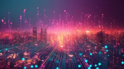 Generative AI lines and dots creating a matrix over a vibrant cityscape