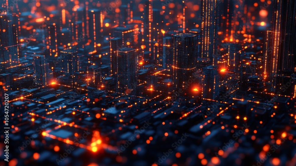 Poster generative ai-enhanced cityscape with glowing dots and lines, representing technological