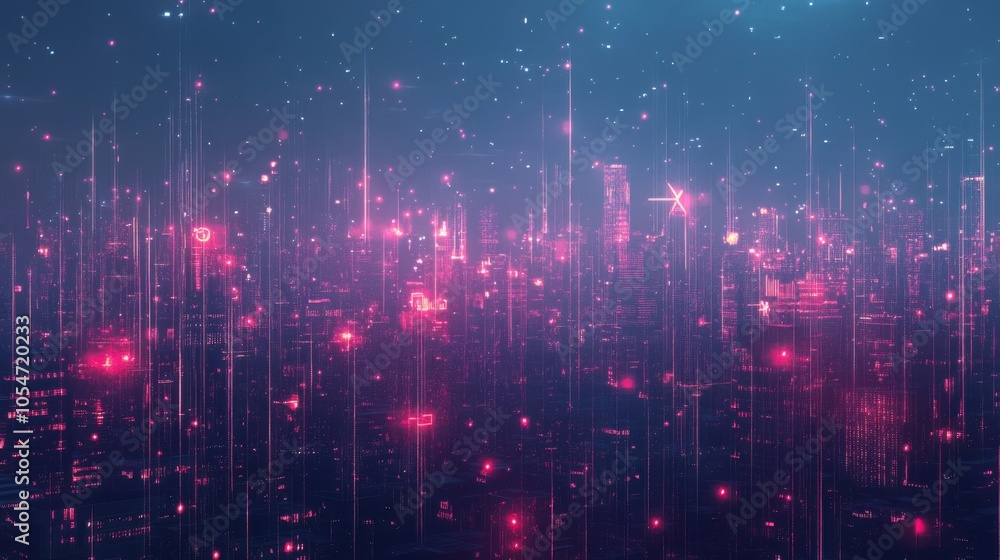 Poster generative ai-enhanced cityscape with glowing dots and lines, representing technological