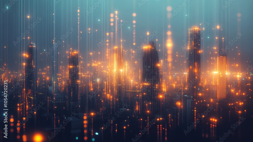 Poster generative ai-enhanced cityscape with glowing dots and lines, representing technological