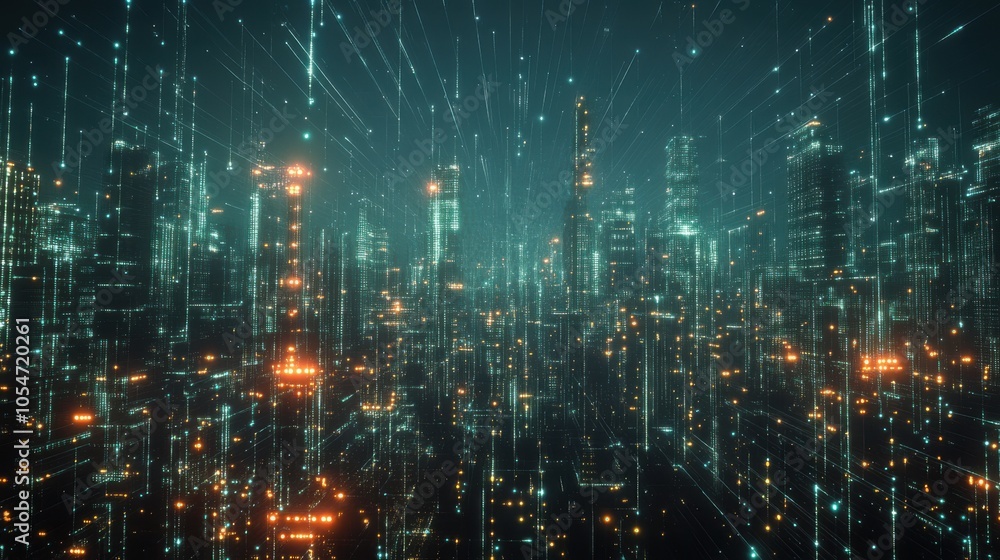 Poster generative ai-enhanced cityscape with glowing dots and lines, representing technological