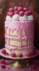 A Three-Tier Raspberry Cake with Pink Glaze and Whipped Cream