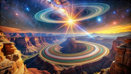 Colorful rings of matter swirling together to form a bright star over a magnificent canyon , astronomy, space, galaxy, stars