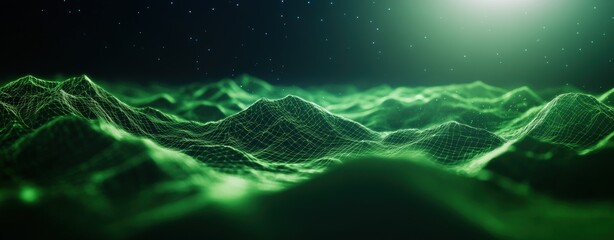 Digital Terrain A Green Mesh of Mountains and Waves