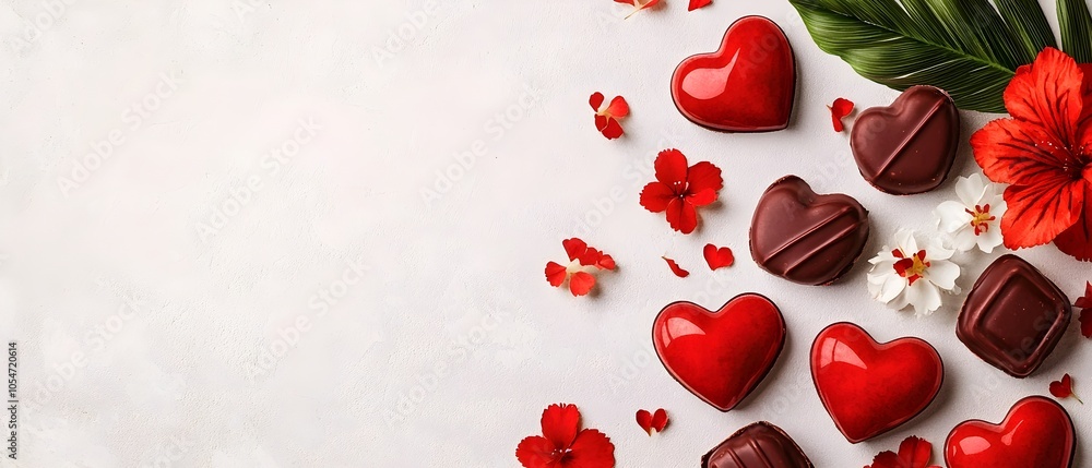 Aufkleber soft and delicate watercolor background with scattered heart shaped chocolates touches of red and wh