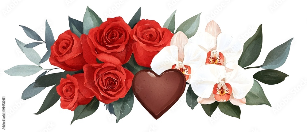 Aufkleber soft and delicate watercolor of an elegant bouquet of red roses and white orchids displayed next to 