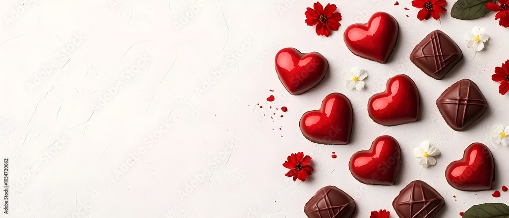 Aufkleber delicate watercolor painting showcasing scattered red heart shaped chocolates on a soft white backgr