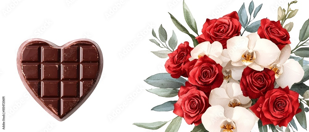 Poster elegant watercolor of a bouquet featuring vibrant red roses and delicate white orchids artfully arra