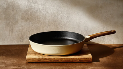 Ceramic frying pan with wooden handle sits on wooden board, casting soft shadow on textured wall