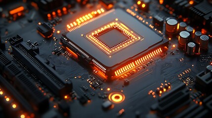 Close-up of a computer processor with glowing orange lights on a circuit board.