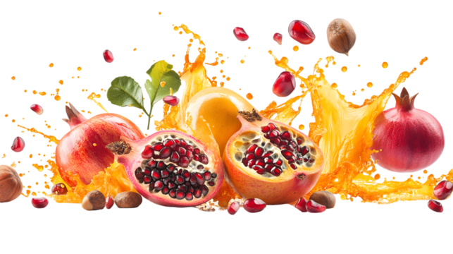 A lively splash of fall fruits like chestnuts, pumpkins, and pomegranates, with juice and seeds scattering. Isolated on white background