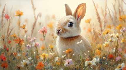 Watercolor painting of a cute rabbit in a field of wildflowers, soft brushstrokes and vibrant...