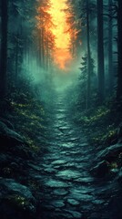 Naklejka premium Stone Path Through a Foggy, Sunlit Forest