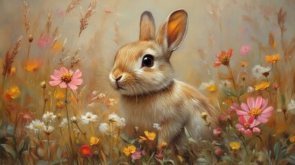 Watercolor painting of a cute rabbit in a field of wildflowers, soft brushstrokes and vibrant...