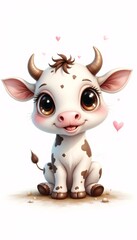 Fototapeta premium Adorable Baby Cow Smiling Sweetly with Hearts Against White Background
