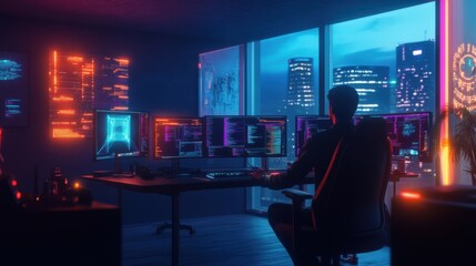 Machine learning expert optimizing neural networks for an autonomous AI, sleek office