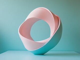 A pink and blue abstract geometric shape against a teal background.