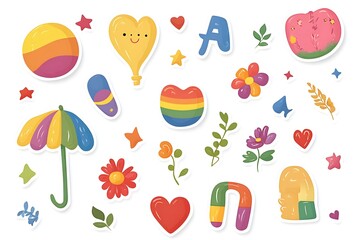 Happy Pride LGBTQ element set. LGBTQ community symbols with star, speech bubbles, flower, heart. Elements illustrated for pride month, bisexual, transgender, gender equality, sticker, rights concept.