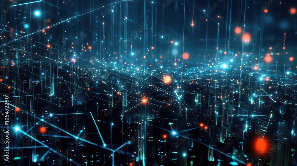 Poster nighttime city with a glowing web of lines and dots symbolizing