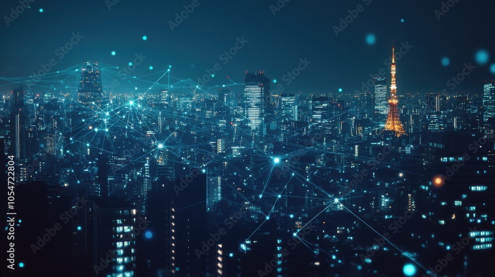 Poster nighttime city with a glowing web of lines and dots symbolizing